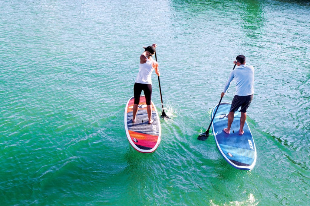 man and woman on stand up paddle boards